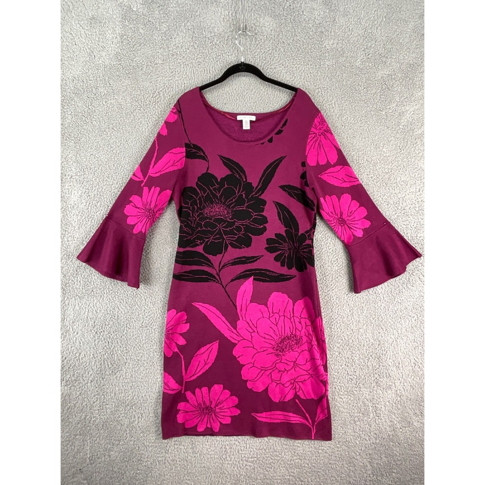 London Times Sweater Dress Womens XL Magenta Pink Floral Bell Sleeve Knit Sheath